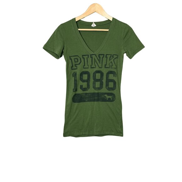Victoria's Secret Womens‎ PINK 1986 Spell Out RARE Top Size XSmall Olive Green - Picture 1 of 8